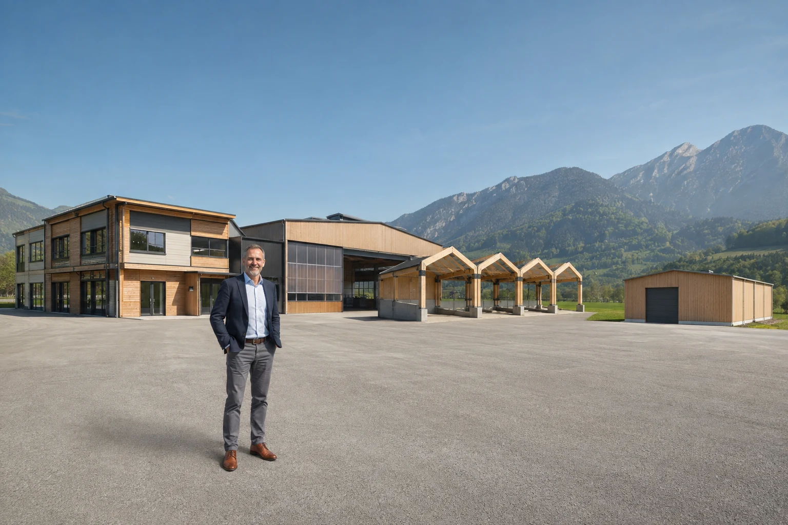 Geschäftsführer vor einem größeren Stallbau-Firmencampus